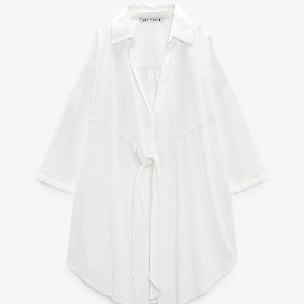Zara White Longline Knotted Tie-Front Blouse